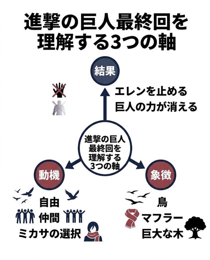 「進撃の巨人最終回を理解する3つの軸」という日本語インフォグラフィック