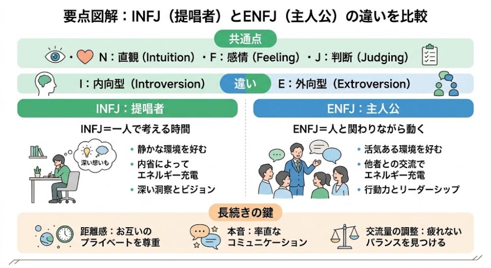 INFJ（提唱者）とENFJ（主人公）の違いを一目で比較できる日本語インフォグラフィック