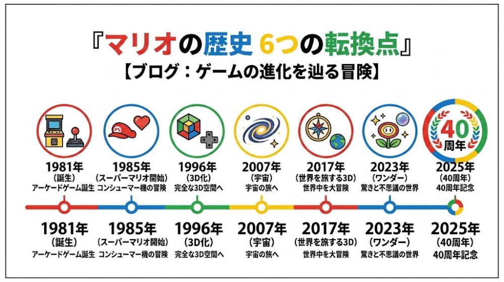 『マリオの歴史 6つの転換点』という日本語インフォグラフィック