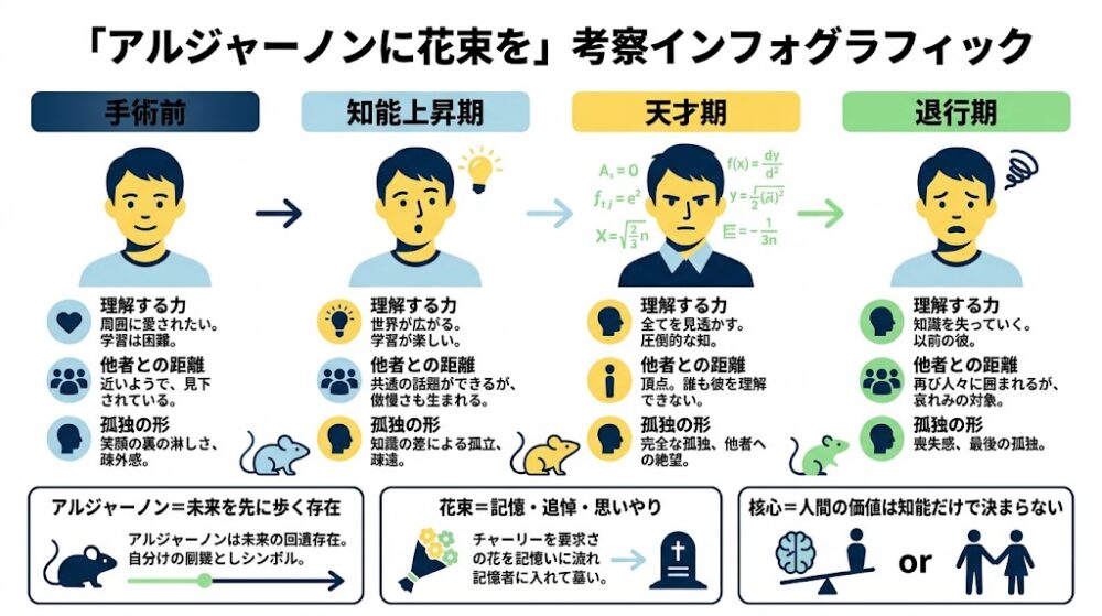 『アルジャーノンに花束を』の考察を一枚で理解できる横長インフォグラフィック