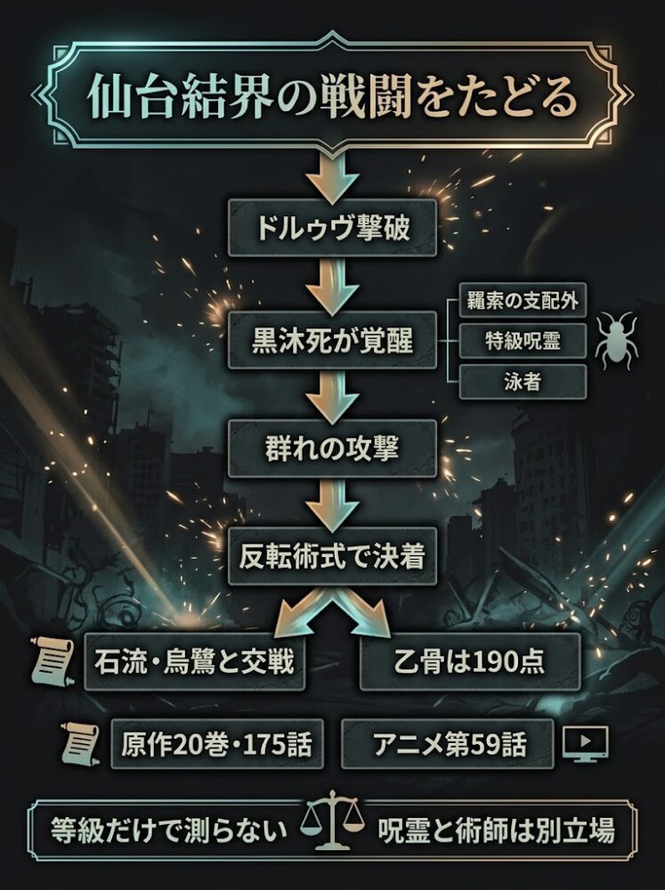仙台結界での戦闘を俯瞰する、縦長の関係図と時系列フローを組み合わせた図解
