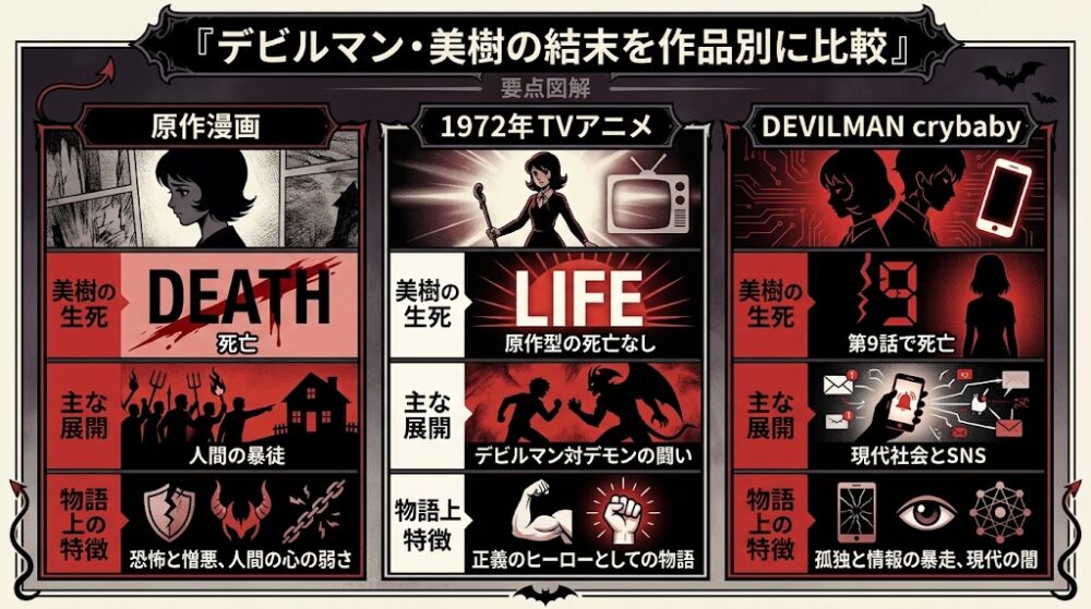 「デビルマン・美樹の結末を作品別に比較」というテーマの横長インフォグラフィック