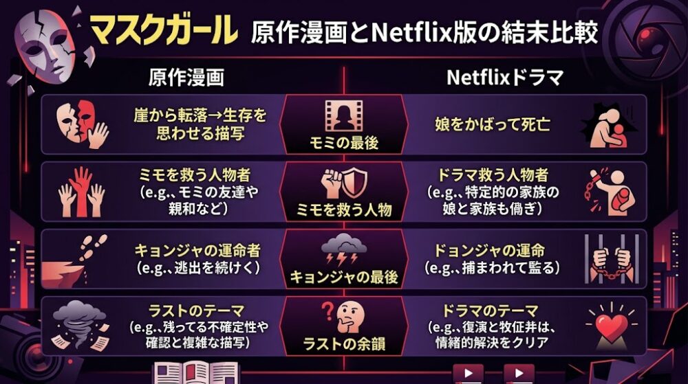 「マスクガール 原作漫画とNetflix版の結末比較」をテーマにした横長インフォグラフィック