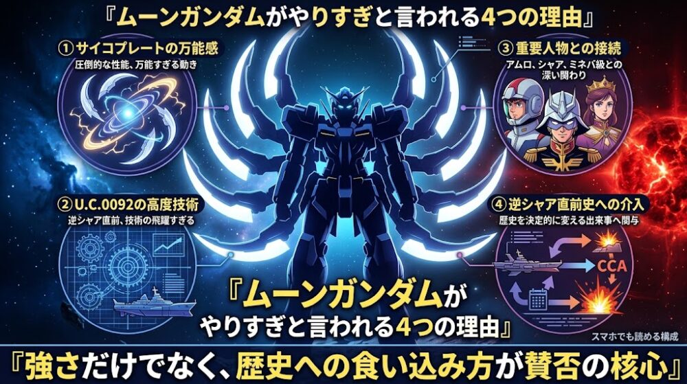 『ムーンガンダムがやりすぎと言われる4つの理由』を説明する横長のインフォグラフィック