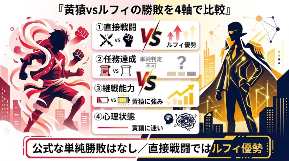 『黄猿vsルフィの勝敗を4軸で比較』する横長インフォグラフィック