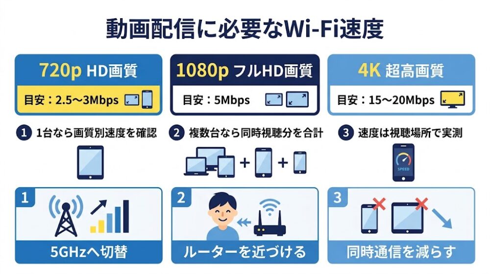「動画配信に必要なWi-Fi速度」を一目で理解できる横長インフォグラフィック