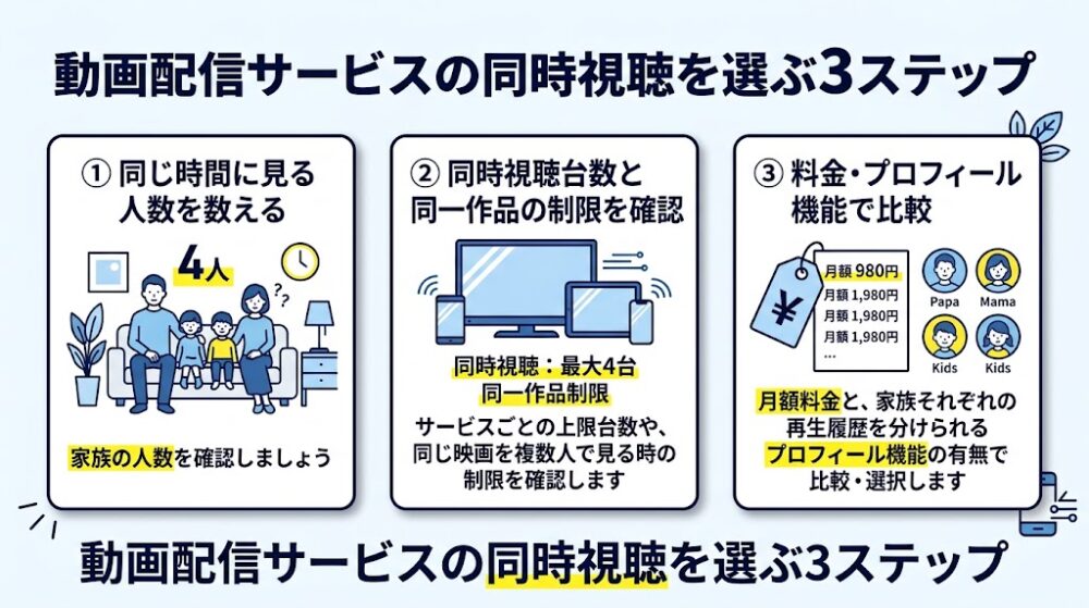 「動画配信サービスの同時視聴を選ぶ3ステップ」を示す横長インフォグラフィック